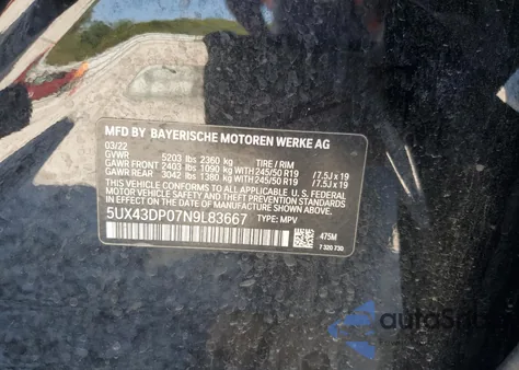 2022 BMW X3 Sdrive30I из США, поврежденный, VIN 5UX43DP07N9L83667